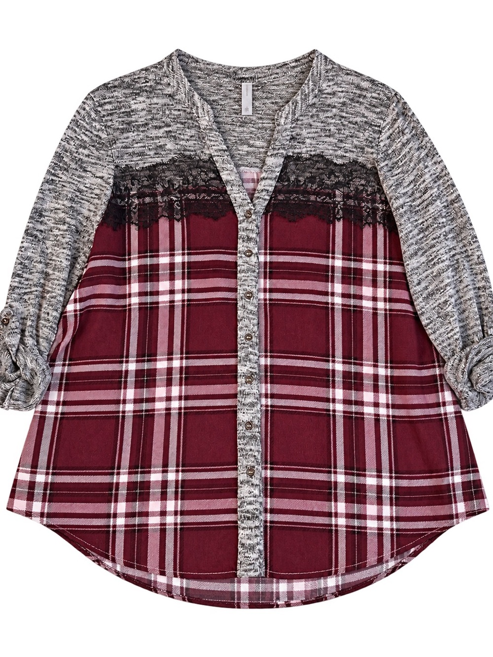 Warehouse One 2X Burgundy Plaid Lace Mixed Media Button-Up Tunic